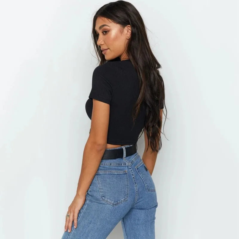Crop Top for Women, Casual T Shirt, Basic Sexy Streetwear, Ribber, Black, White, Short Sleeve Tops, Summer Fashion, 2024