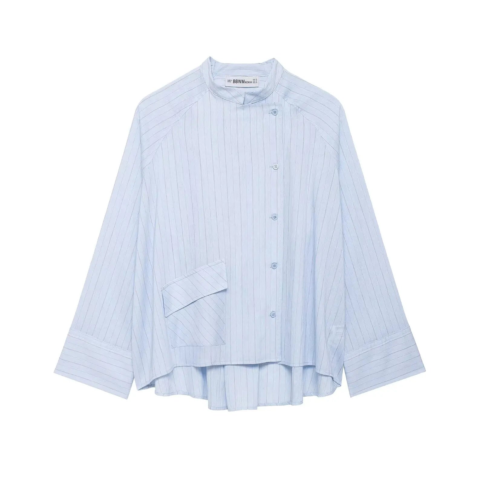 Women's Striped Shirt with Pocket New Spring Long Cuffed Sleeve O Neck Simple Women Shirt & Blouses Asymmetric Hem Female Tops