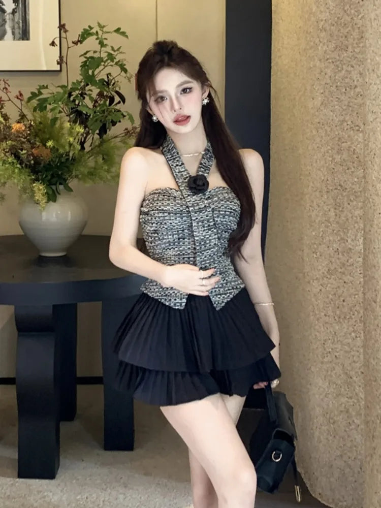 Tulip High Waist Crop Top And Skirt Set Women's Fashion Summer Outfit Tea Rose Print Halter Neck Crop Top And High Waist Skirt
