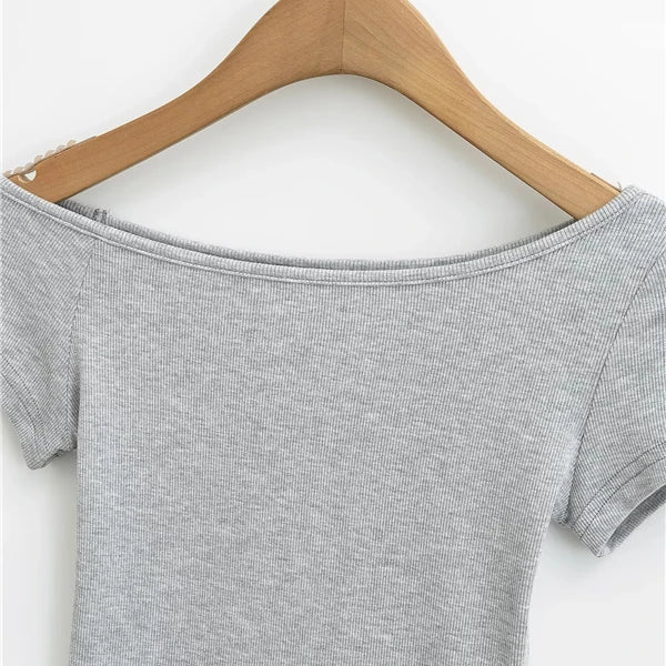 Slim Fit Shoulder Bared Short Sleeve T Shirt for Women Summer Design Sensual Cotton Commute Style Pure Color  Top