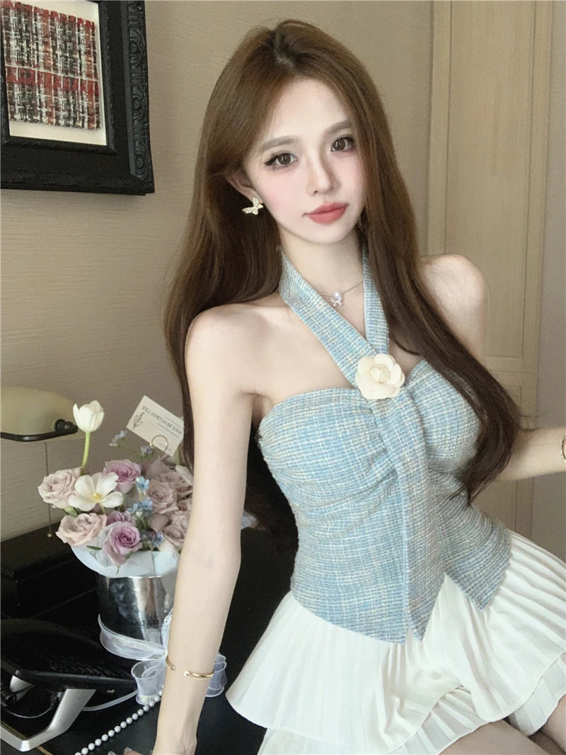 Tulip High Waist Crop Top And Skirt Set Women's Fashion Summer Outfit Tea Rose Print Halter Neck Crop Top And High Waist Skirt