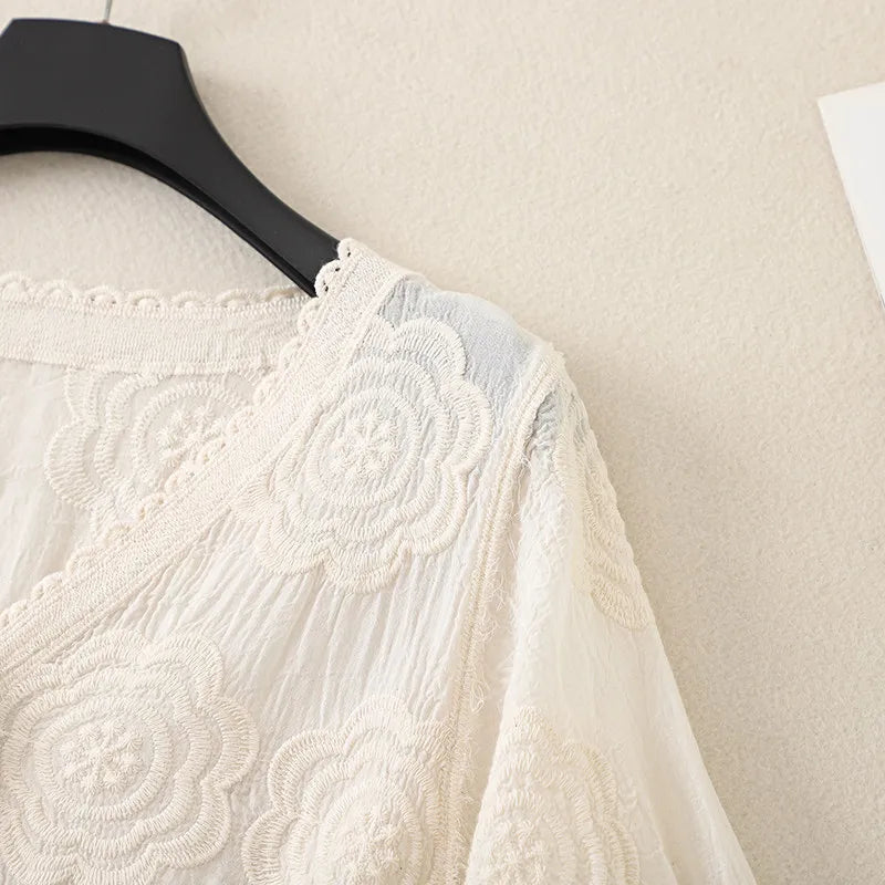 Floral Embroidered Lace Blouse for Women Semi-Sheer Half Sleeve Button Down Shirt Bohemian Style Summer Tops Beach Cover Up