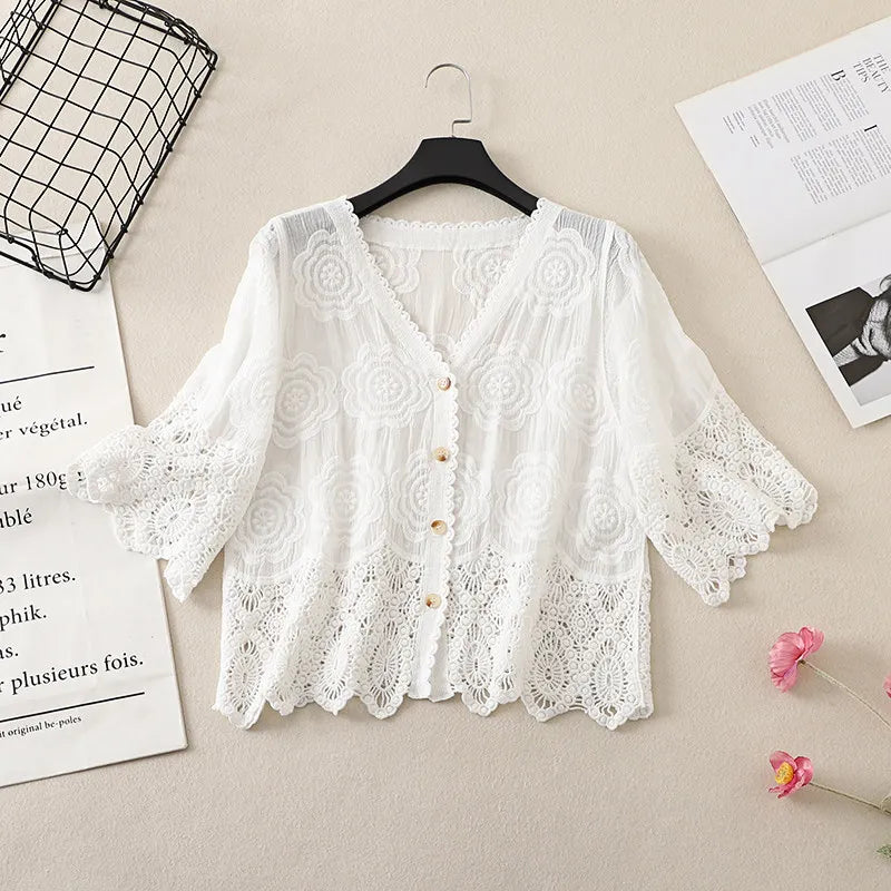 Floral Embroidered Lace Blouse for Women Semi-Sheer Half Sleeve Button Down Shirt Bohemian Style Summer Tops Beach Cover Up
