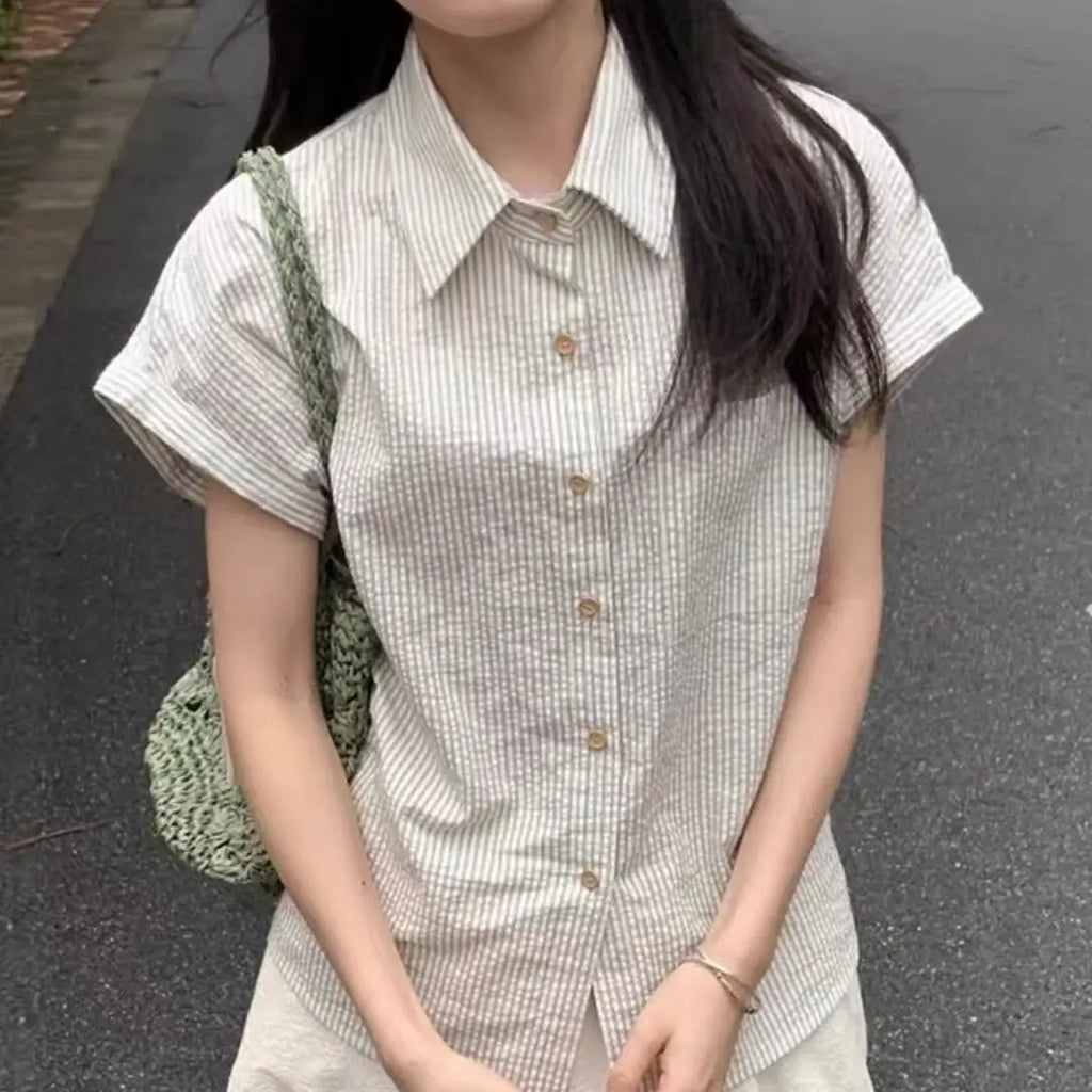 Striped Short-sleeved Shirt Summer Loose and Thin Versatile Temperament Gentle Commuting Casual Shirt Retro College Style