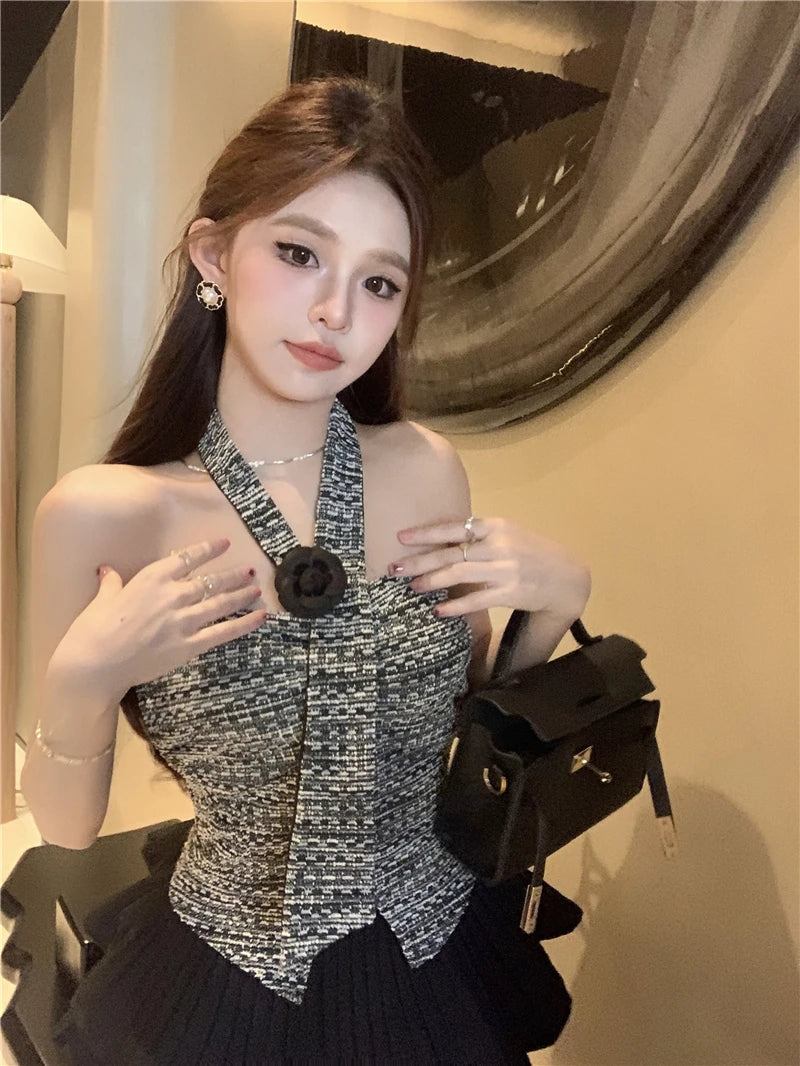 Tulip High Waist Crop Top And Skirt Set Women's Fashion Summer Outfit Tea Rose Print Halter Neck Crop Top And High Waist Skirt