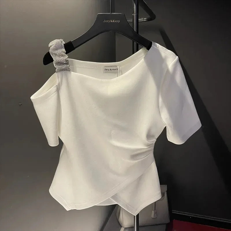 Crop Tops Tshirts for Women Solid Color Diamond Tunic Tees 2024 Ropa Mujer Slim Waist Off Shoulder Fashion Sweet Sexy T-shirt