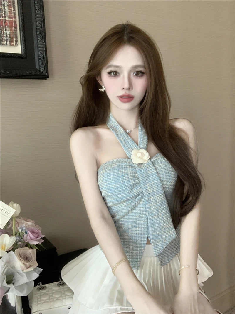 Tulip High Waist Crop Top And Skirt Set Women's Fashion Summer Outfit Tea Rose Print Halter Neck Crop Top And High Waist Skirt