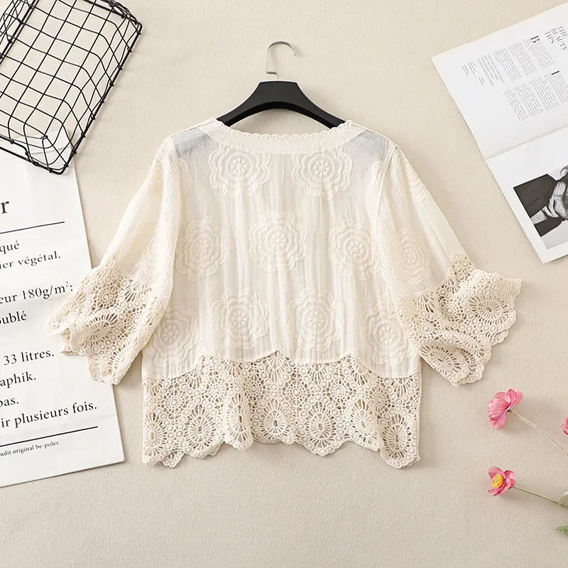 Floral Embroidered Lace Blouse for Women Semi-Sheer Half Sleeve Button Down Shirt Bohemian Style Summer Tops Beach Cover Up