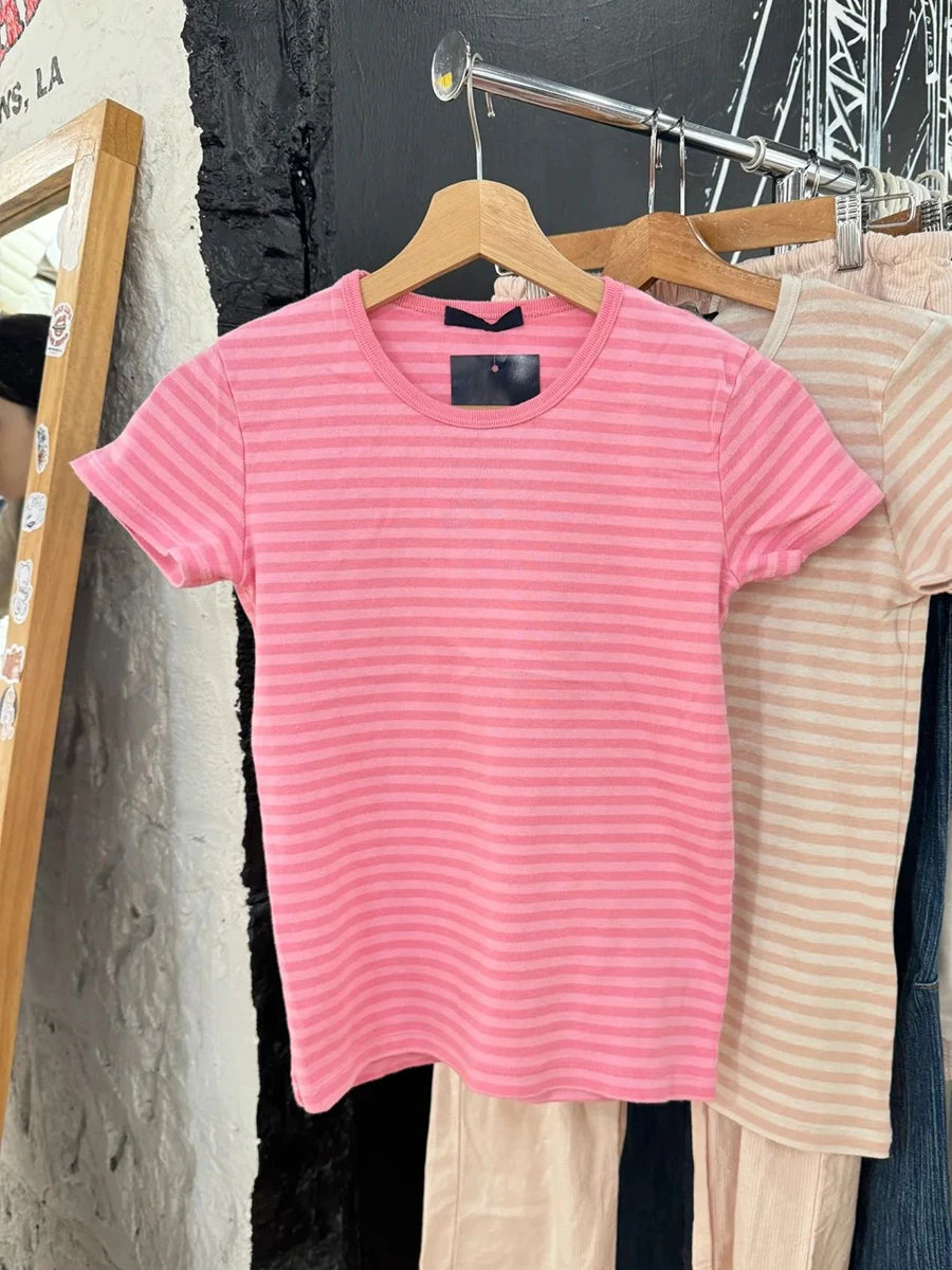 Striped Slim T-shirts Woman Spring Round Neck Cotton Short Sleeve Tee Shirts Female Sweet Cute Preppy Style All-match Tshirt Y2k
