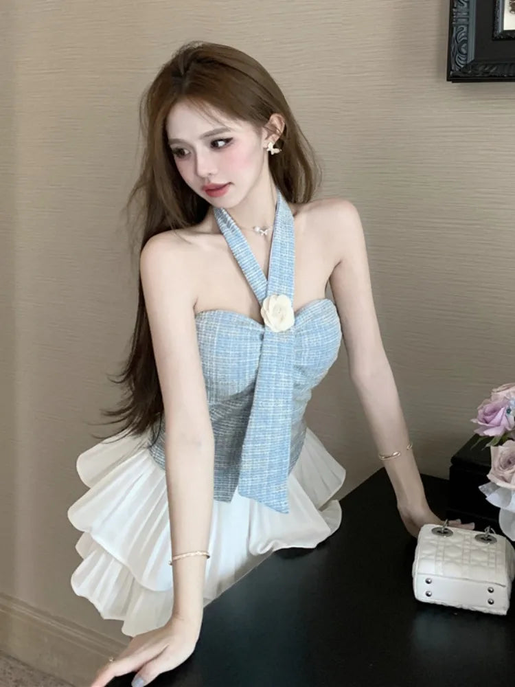 Tulip High Waist Crop Top And Skirt Set Women's Fashion Summer Outfit Tea Rose Print Halter Neck Crop Top And High Waist Skirt