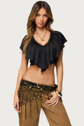 Women's Ruffled Crop Tops Fashionable Solid Color Lace Trim Tie Back V Neck Blouse