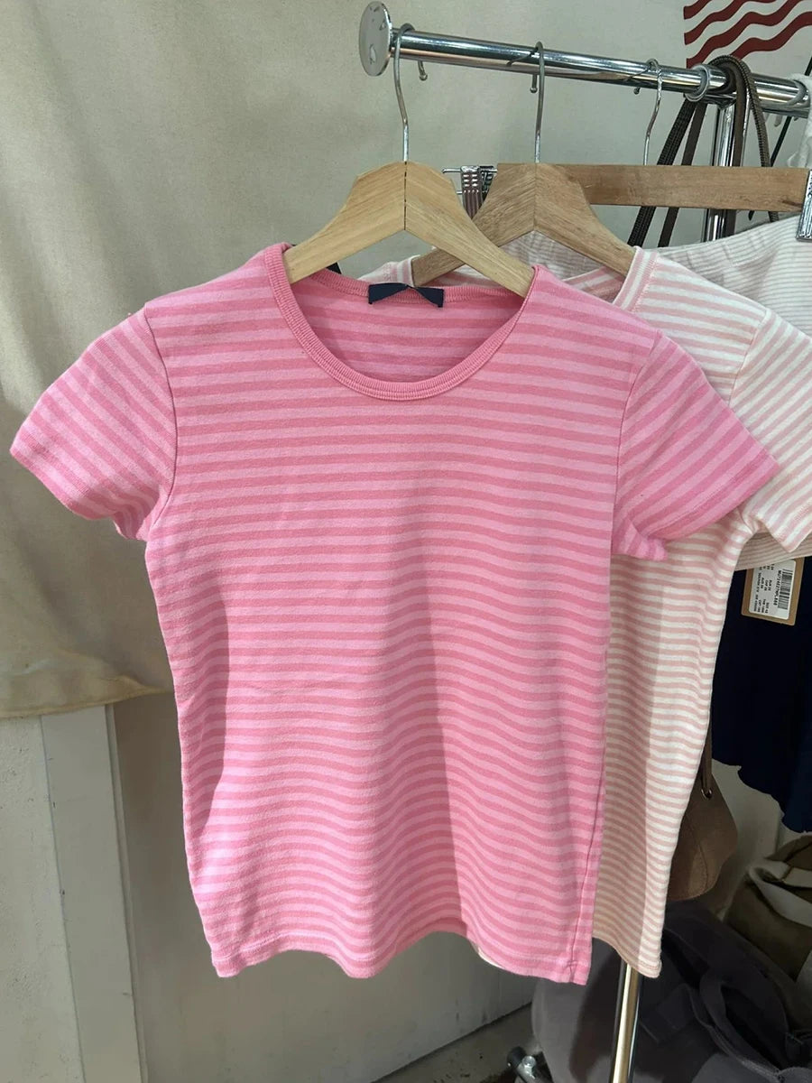 Striped Slim T-shirts Woman Spring Round Neck Cotton Short Sleeve Tee Shirts Female Sweet Cute Preppy Style All-match Tshirt Y2k