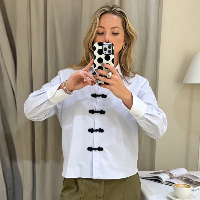 Women's Striped Shirt Women's Long Sleeve Top Contrast Loose Shirt Retro Casual Women's Blue Blouse Summer Elegant Female Blouse