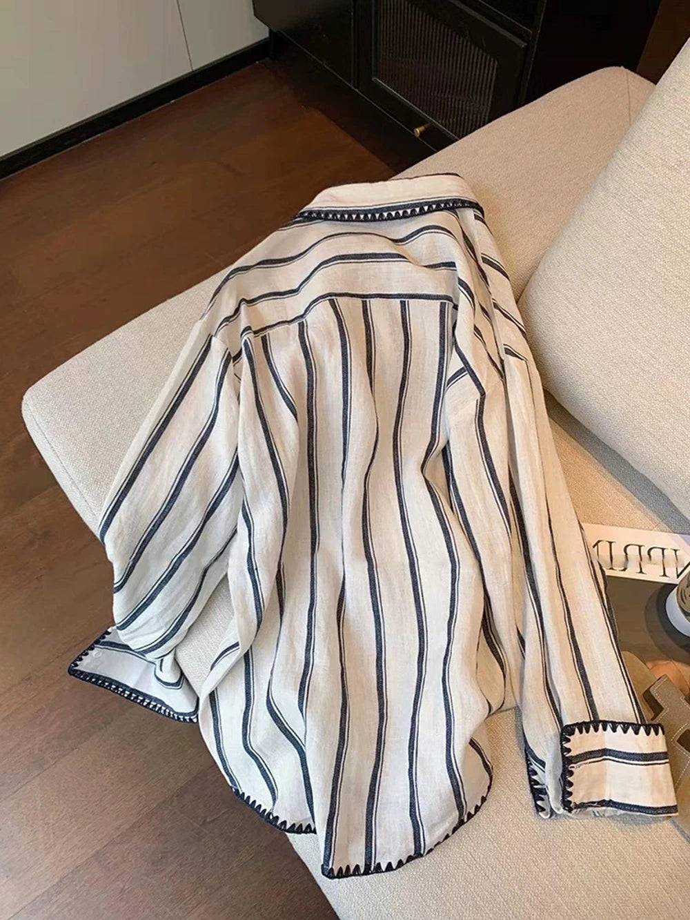 Fashion Striped Shirt for Women Spring Autumn Knitted Edge Single Breasted Long Sleeve Turn-down Collar Casual Loose Tops