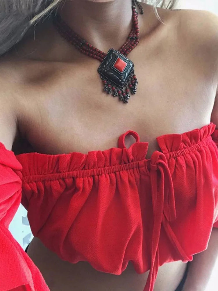 Crop tops women 2024 summer lantern sleeve sexy strapless beach tops red black white ruched crop top
