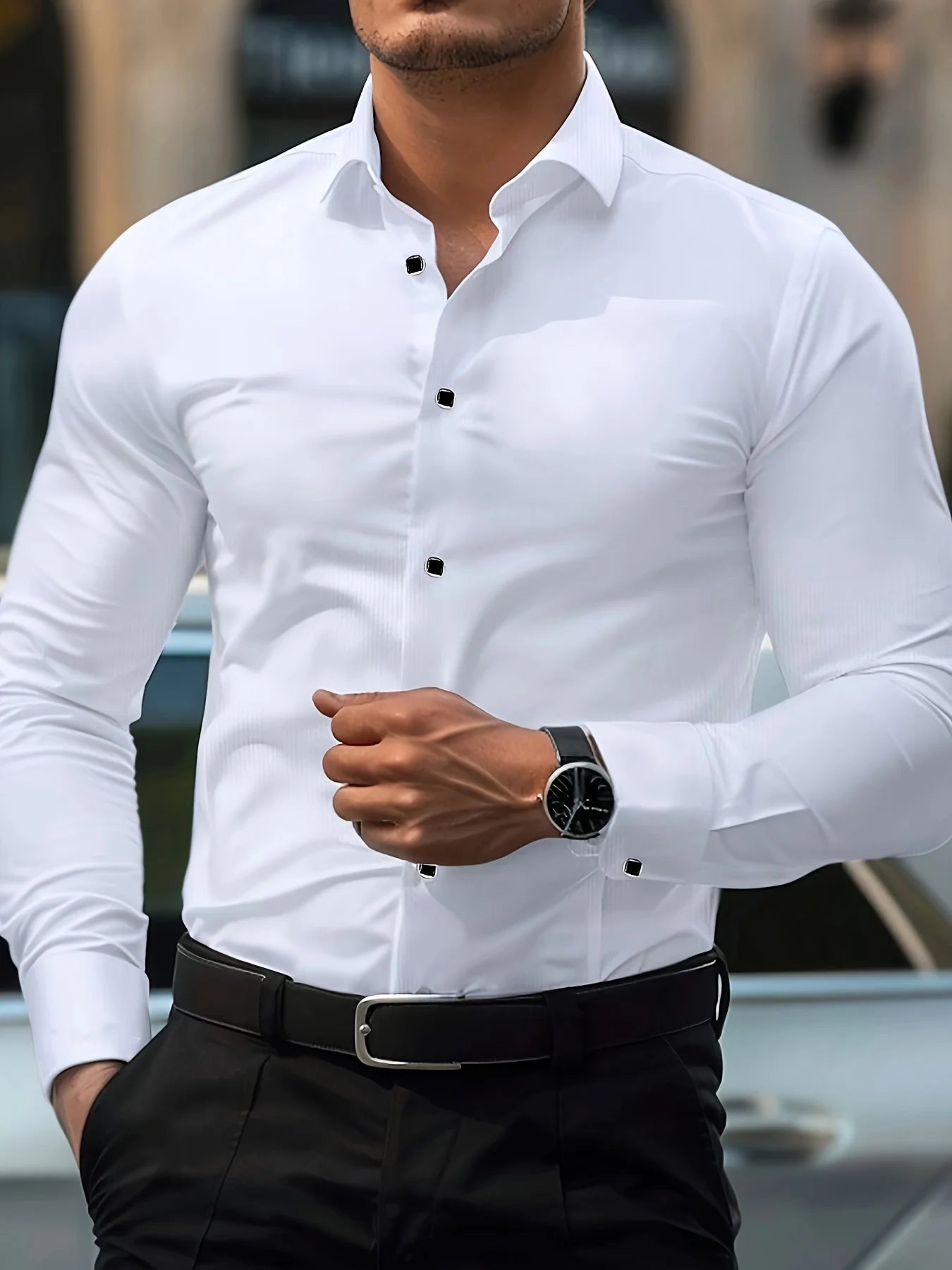 Stylisches schwarzes Herren Langarmshirt mit geometrischem Design - Slim Cut, leichtes Polyestermaterial, ideal für lässige oder