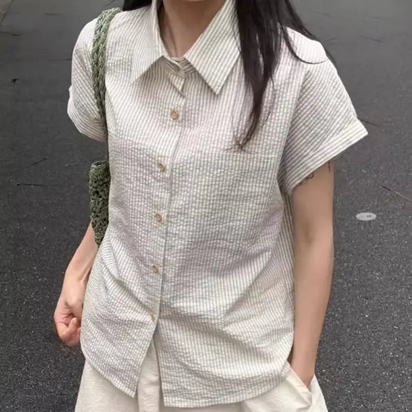 Striped Short-sleeved Shirt Summer Loose and Thin Versatile Temperament Gentle Commuting Casual Shirt Retro College Style