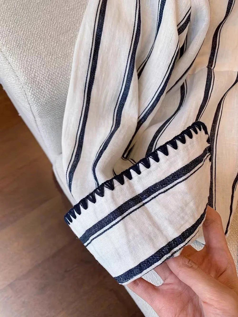 Fashion Striped Shirt for Women Spring Autumn Knitted Edge Single Breasted Long Sleeve Turn-down Collar Casual Loose Tops