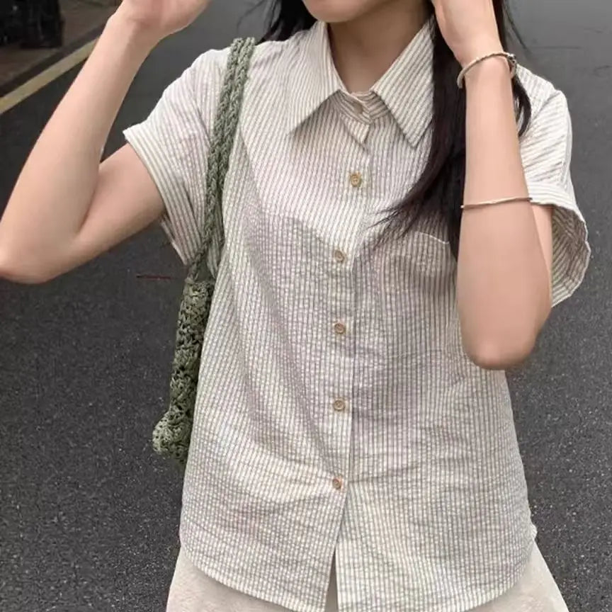 Striped Short-sleeved Shirt Summer Loose and Thin Versatile Temperament Gentle Commuting Casual Shirt Retro College Style