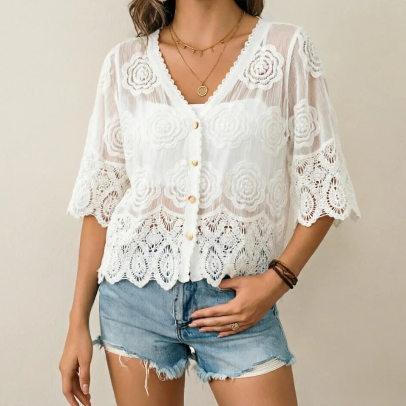 Floral Embroidered Lace Blouse for Women Semi-Sheer Half Sleeve Button Down Shirt Bohemian Style Summer Tops Beach Cover Up
