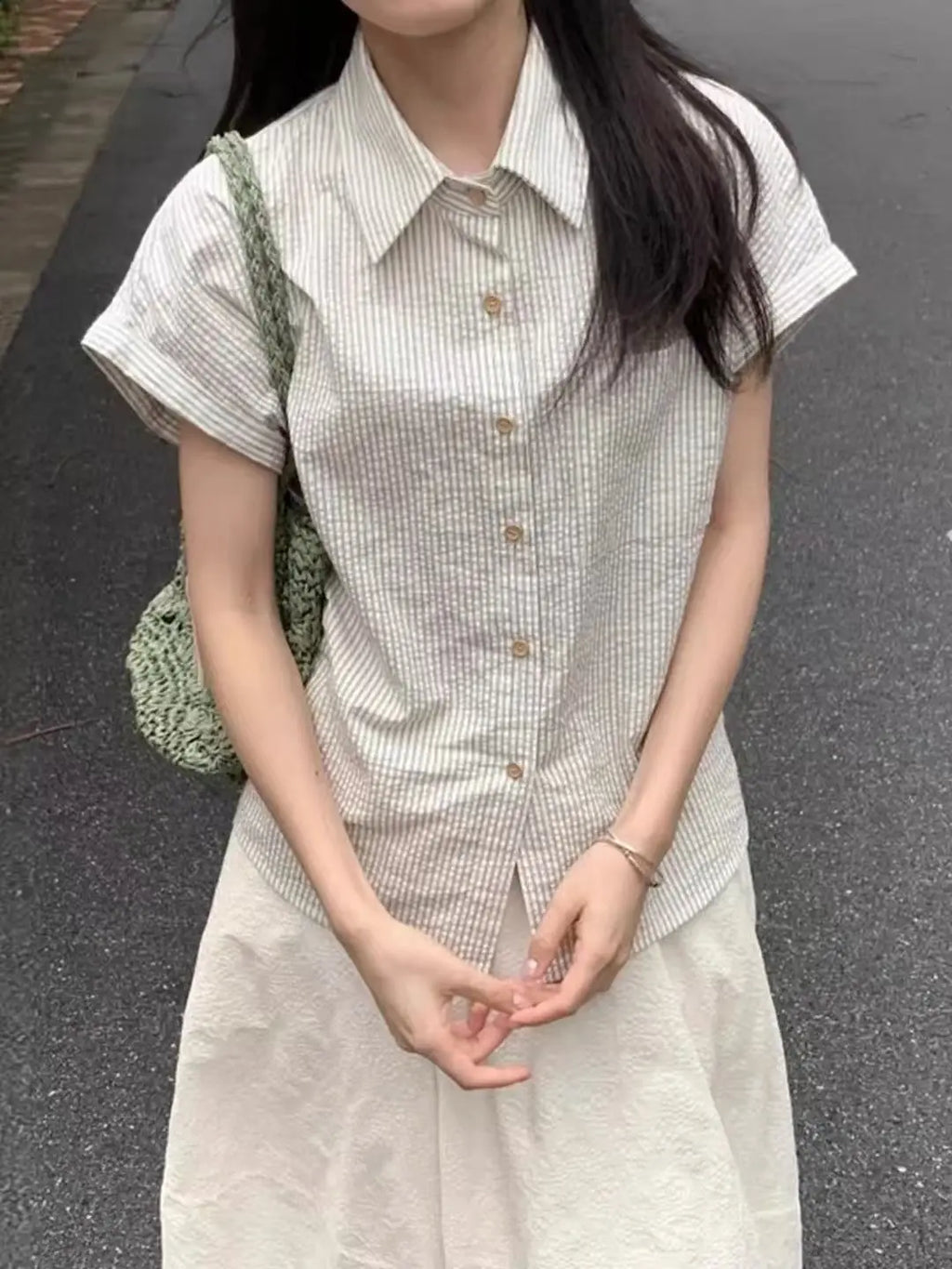 Striped Short-sleeved Shirt Summer Loose and Thin Versatile Temperament Gentle Commuting Casual Shirt Retro College Style