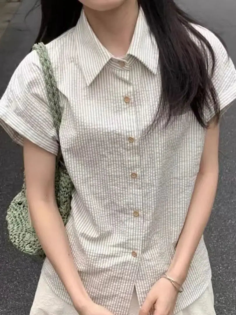 Striped Short-sleeved Shirt Summer Loose and Thin Versatile Temperament Gentle Commuting Casual Shirt Retro College Style