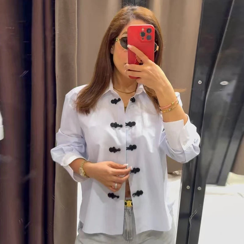 Women's Striped Shirt Women's Long Sleeve Top Contrast Loose Shirt Retro Casual Women's Blue Blouse Summer Elegant Female Blouse