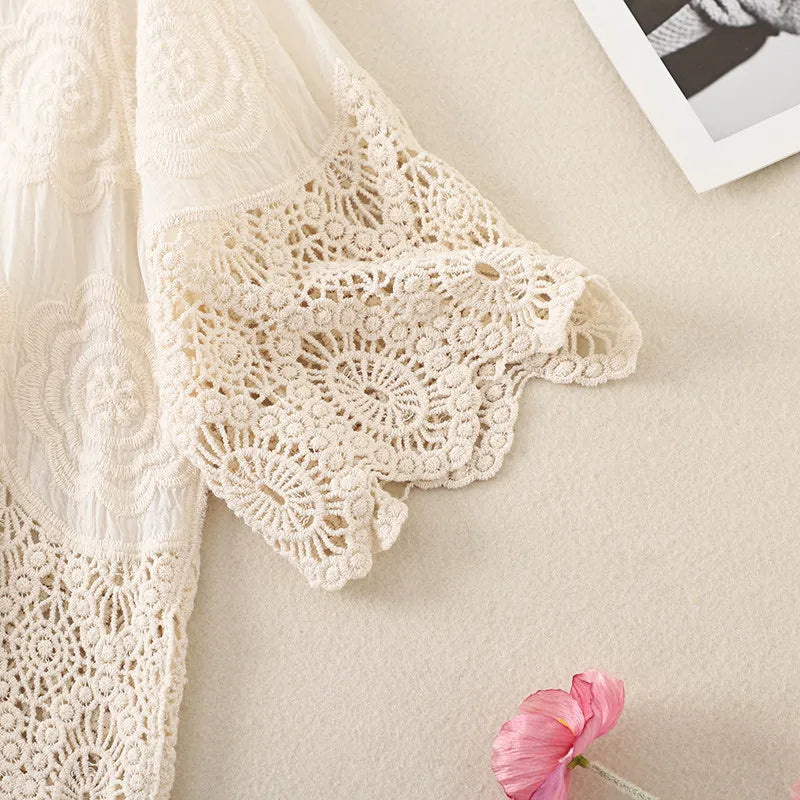 Floral Embroidered Lace Blouse for Women Semi-Sheer Half Sleeve Button Down Shirt Bohemian Style Summer Tops Beach Cover Up