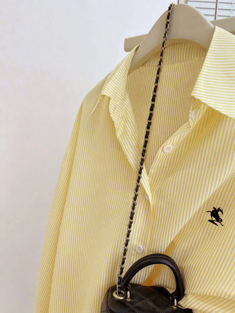 Elegant striped shirt with classic lapel, long sleeves and exquisite embroidery. Casual and versatile, great for work, dates, sh