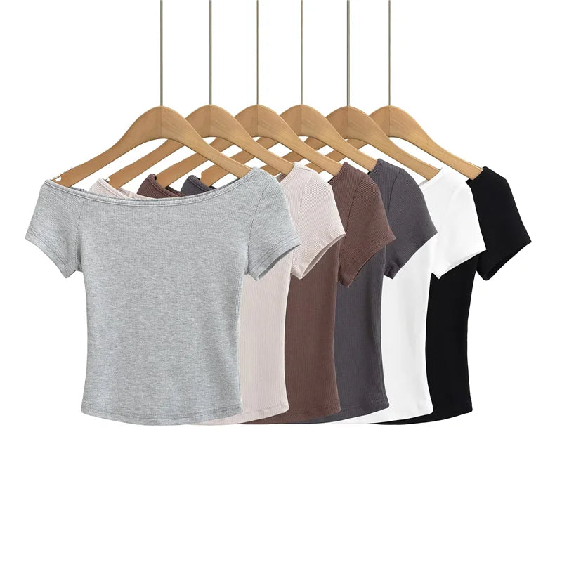Slim Fit Shoulder Bared Short Sleeve T Shirt for Women Summer Design Sensual Cotton Commute Style Pure Color  Top
