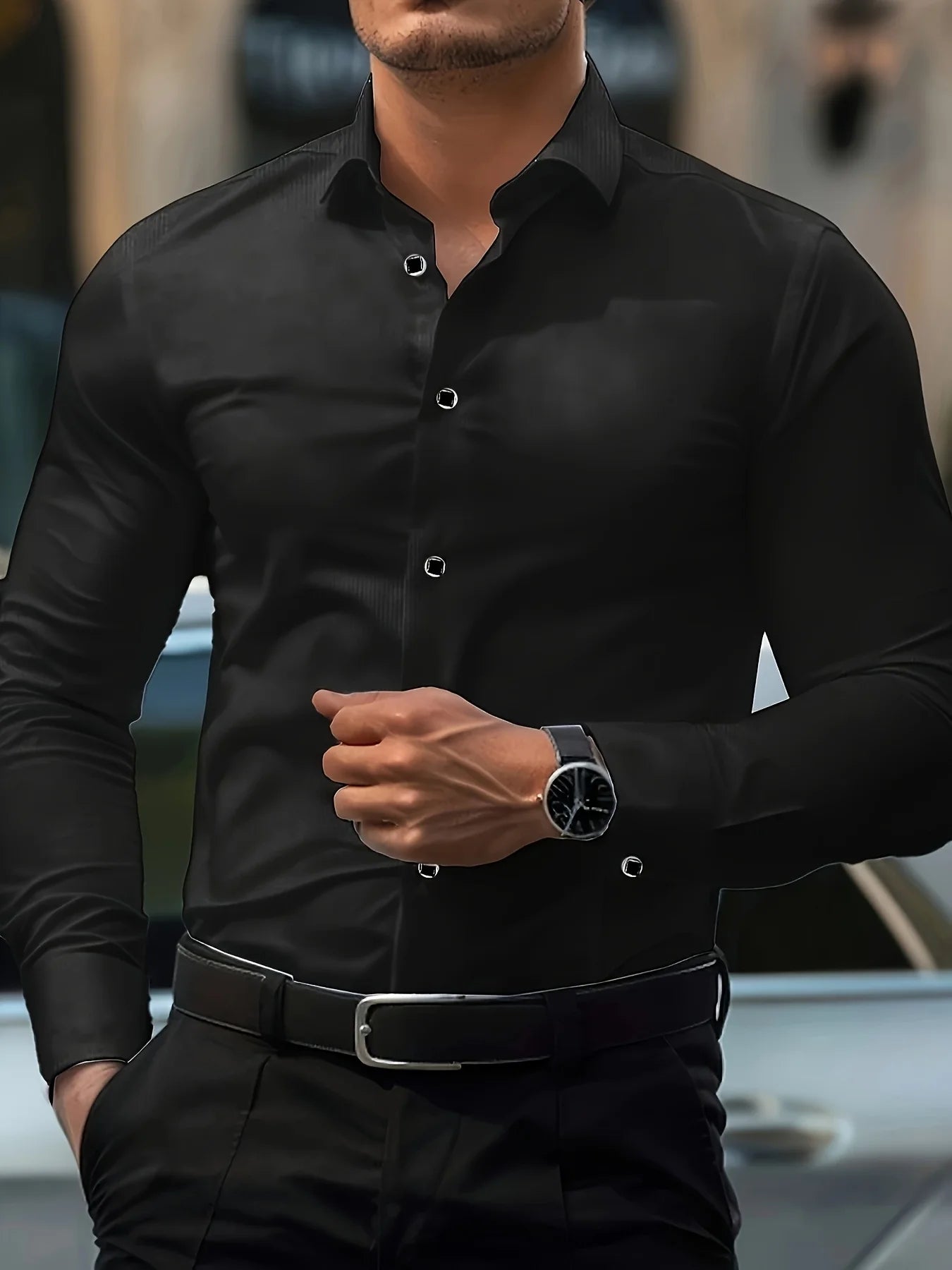 Stylisches schwarzes Herren Langarmshirt mit geometrischem Design - Slim Cut, leichtes Polyestermaterial, ideal für lässige oder