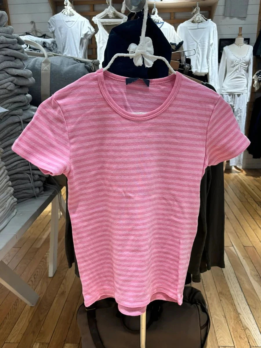 Striped Slim T-shirts Woman Spring Round Neck Cotton Short Sleeve Tee Shirts Female Sweet Cute Preppy Style All-match Tshirt Y2k