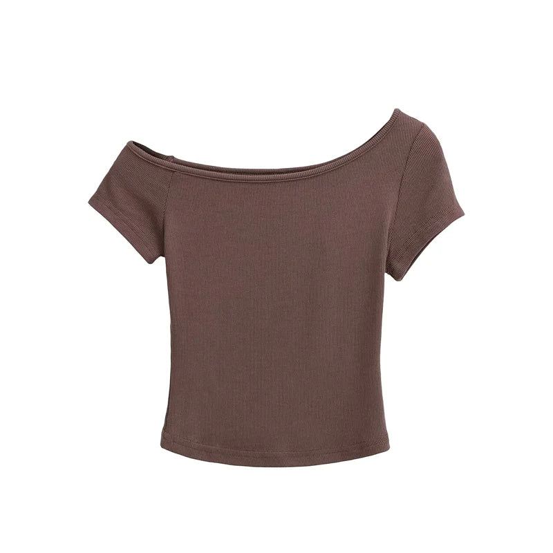 Slim Fit Shoulder Bared Short Sleeve T Shirt for Women Summer Design Sensual Cotton Commute Style Pure Color  Top