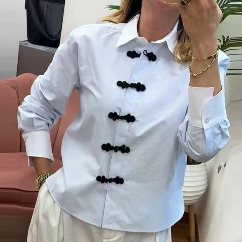 Women's Striped Shirt Women's Long Sleeve Top Contrast Loose Shirt Retro Casual Women's Blue Blouse Summer Elegant Female Blouse