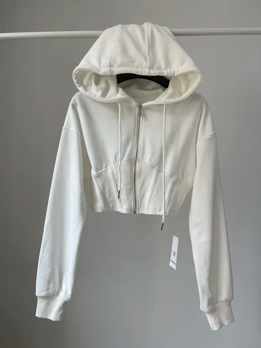 Crop Tops Fashion Hoodies for Women 2023 Ropa Mujer Slim Waist Folds Zipper Y2k Jackets Casual Korean Vintage Sweatshirts Coat