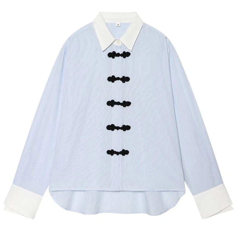 Women's Striped Shirt Women's Long Sleeve Top Contrast Loose Shirt Retro Casual Women's Blue Blouse Summer Elegant Female Blouse