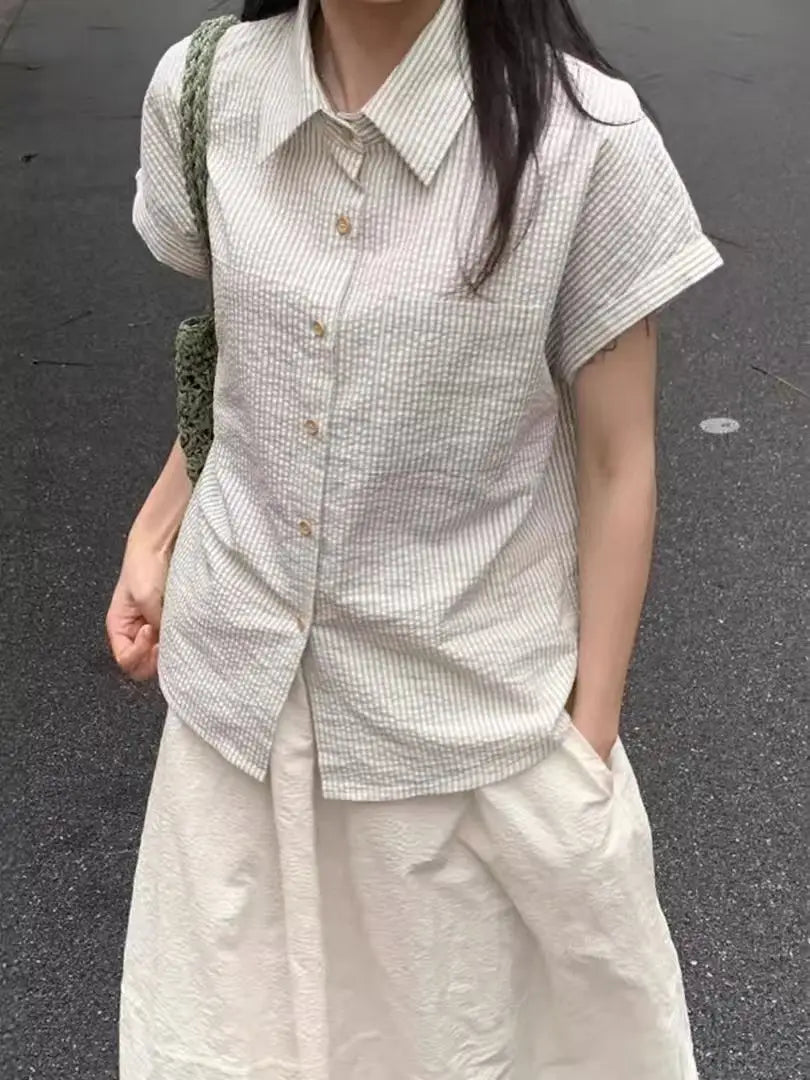 Striped Short-sleeved Shirt Summer Loose and Thin Versatile Temperament Gentle Commuting Casual Shirt Retro College Style