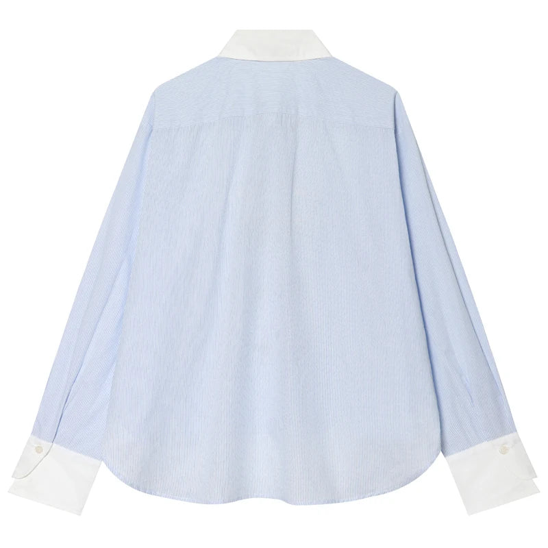 Women's Striped Shirt Women's Long Sleeve Top Contrast Loose Shirt Retro Casual Women's Blue Blouse Summer Elegant Female Blouse