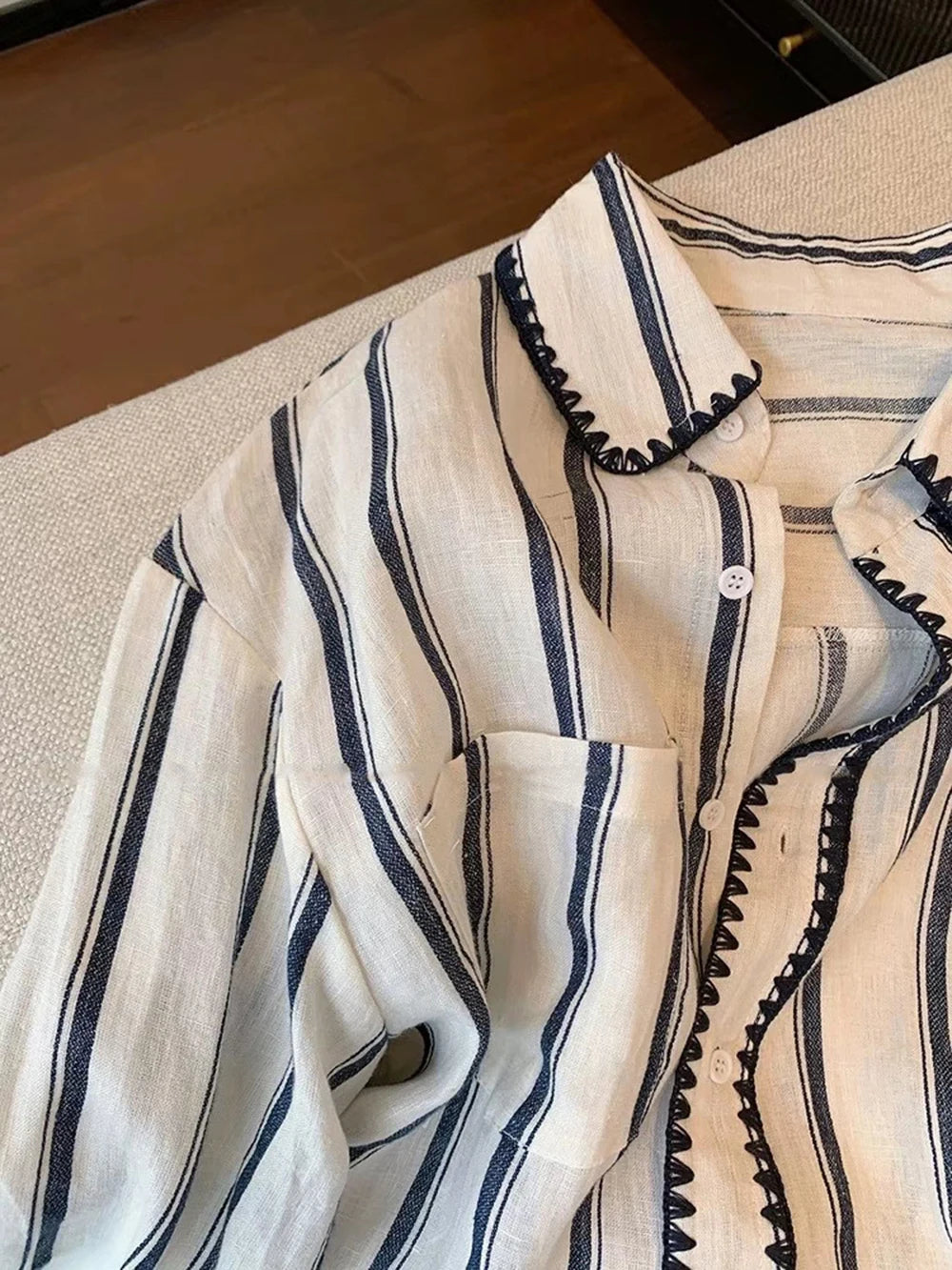 Fashion Striped Shirt for Women Spring Autumn Knitted Edge Single Breasted Long Sleeve Turn-down Collar Casual Loose Tops