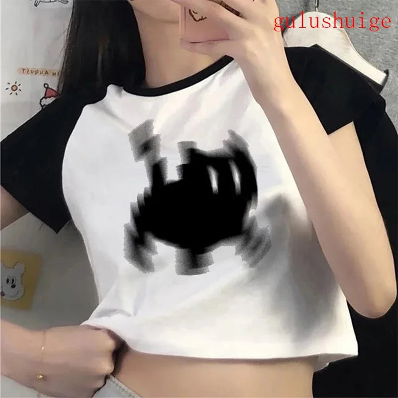 Crop Top Funny Black Cat Pixel Women Print T-Shirt Girl Cropped Psychedelic Black Cat Casual Y2K Harajuku Top Graphic Tees