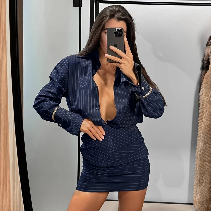Stripe Shirt Dress Women Elegant High Waist Street Chic Long Sleeve Slim Office Single Breasted