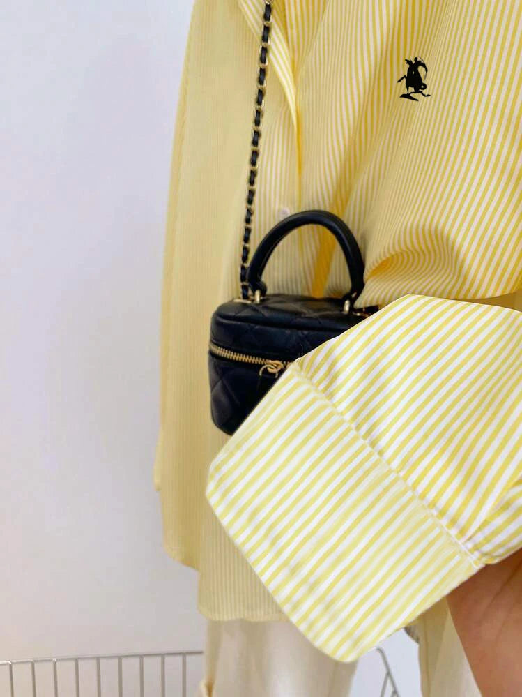 Elegant striped shirt with classic lapel, long sleeves and exquisite embroidery. Casual and versatile, great for work, dates, sh