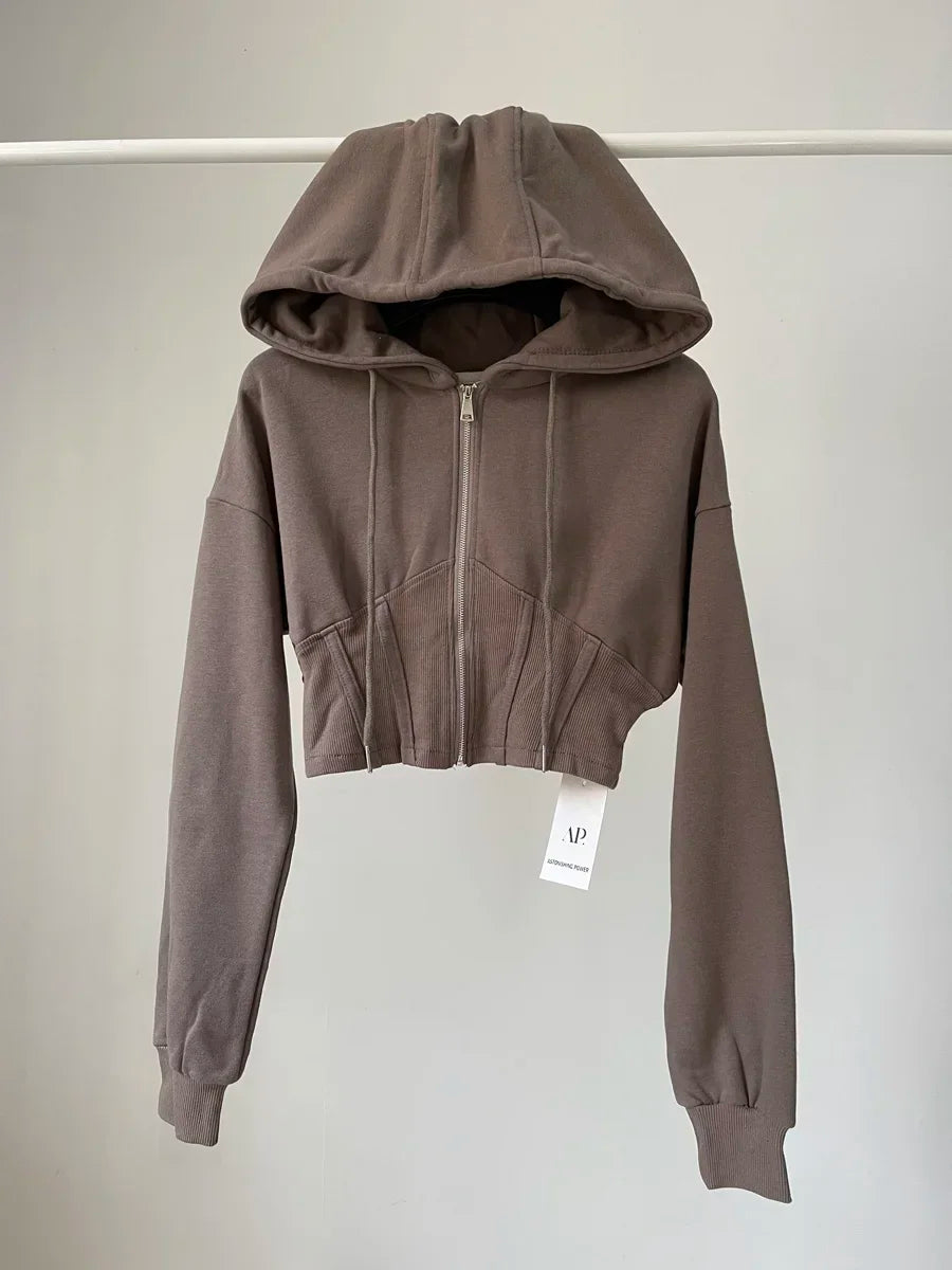 Crop Tops Fashion Hoodies for Women 2023 Ropa Mujer Slim Waist Folds Zipper Y2k Jackets Casual Korean Vintage Sweatshirts Coat
