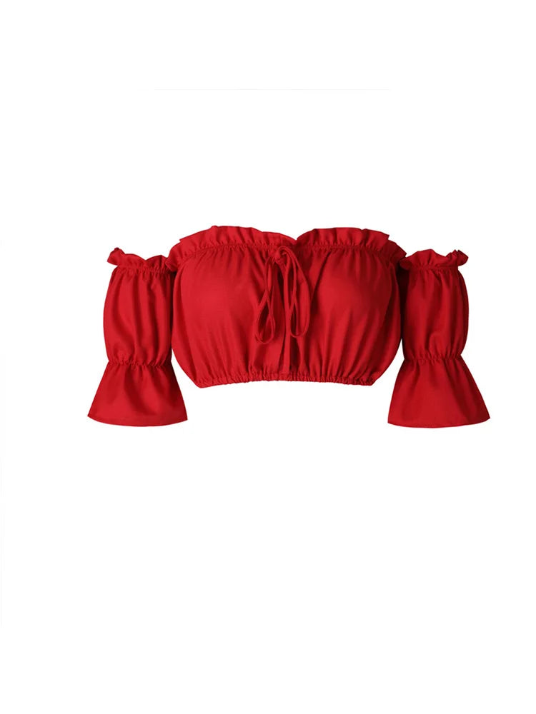 Crop tops women 2024 summer lantern sleeve sexy strapless beach tops red black white ruched crop top