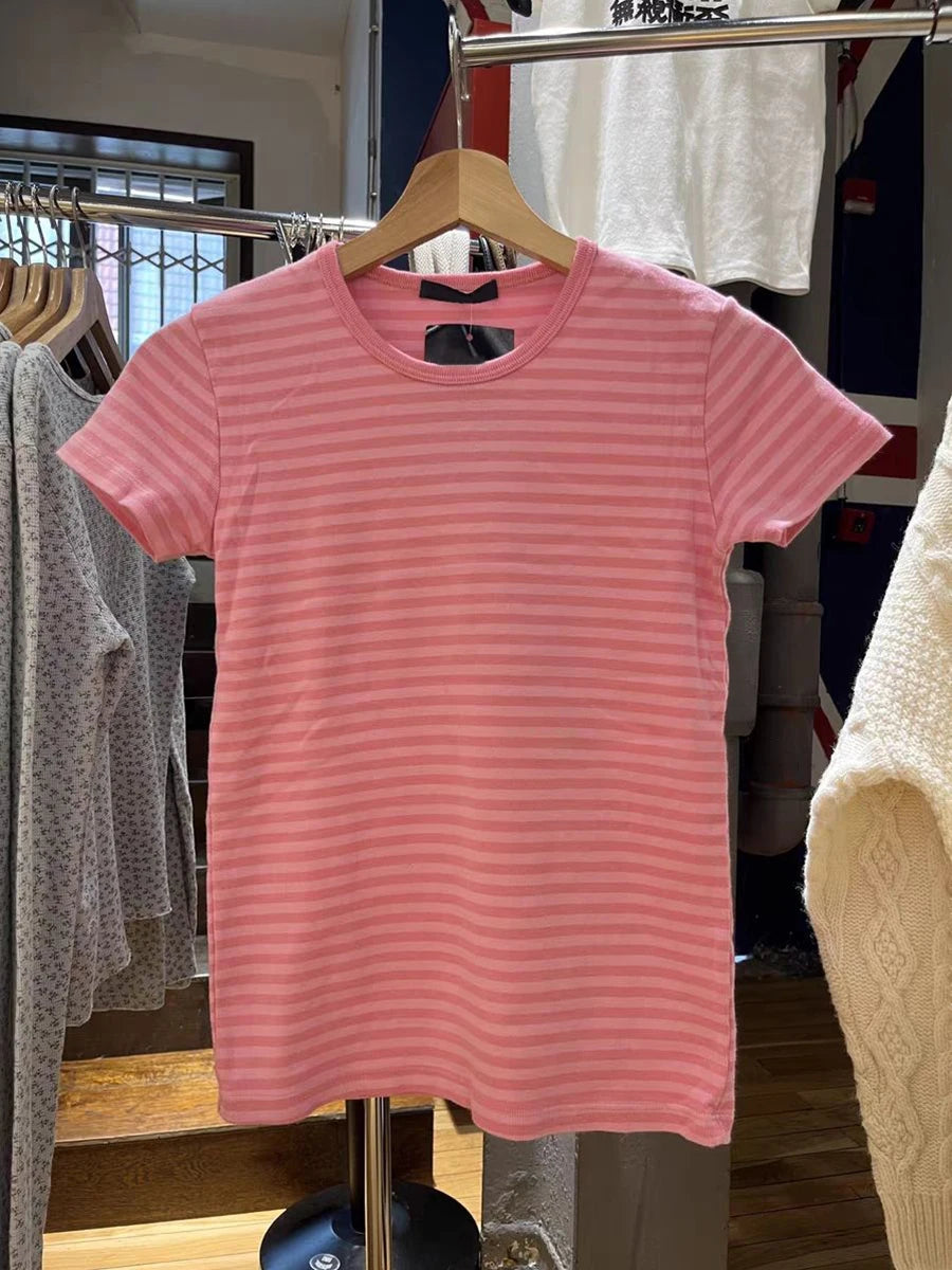 Striped Slim T-shirts Woman Spring Round Neck Cotton Short Sleeve Tee Shirts Female Sweet Cute Preppy Style All-match Tshirt Y2k