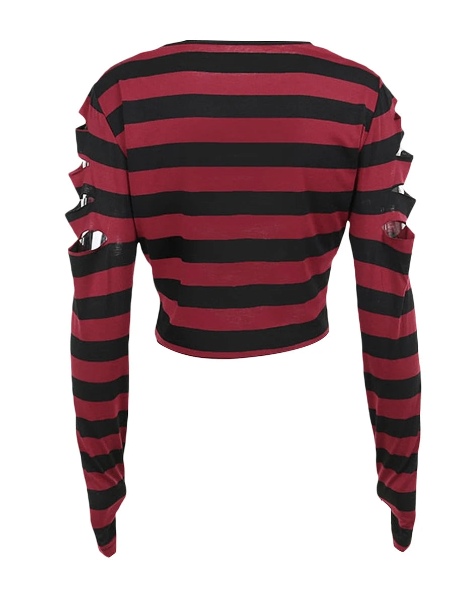 Women Ripped Crop Tops Gothic Long Sleeve Round Neck Striped Print Loose y2k Grunge Loose Pullover T-Shirts Halloween Costume